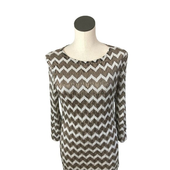 New Ronni Nicole Sheath Dress Womens L Chevron Gold White Shimmer 3/4 Sleeves Fi - Picture 4 of 14
